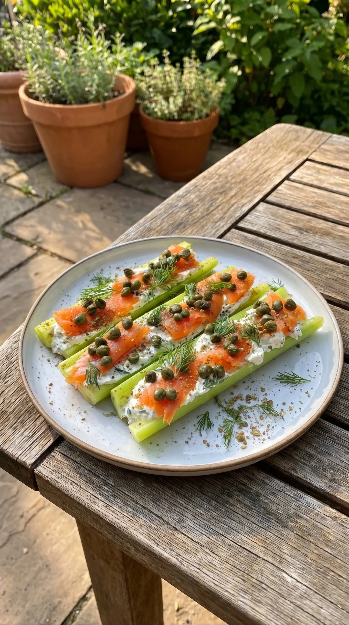 Celery lox boats filled with savory lox and fresh toppings for a healthy snack.