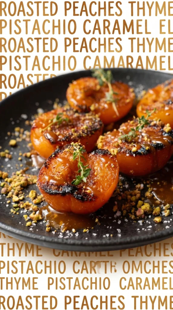 Charred apricot halves with brown butter caramel and halva toppings on a plate.