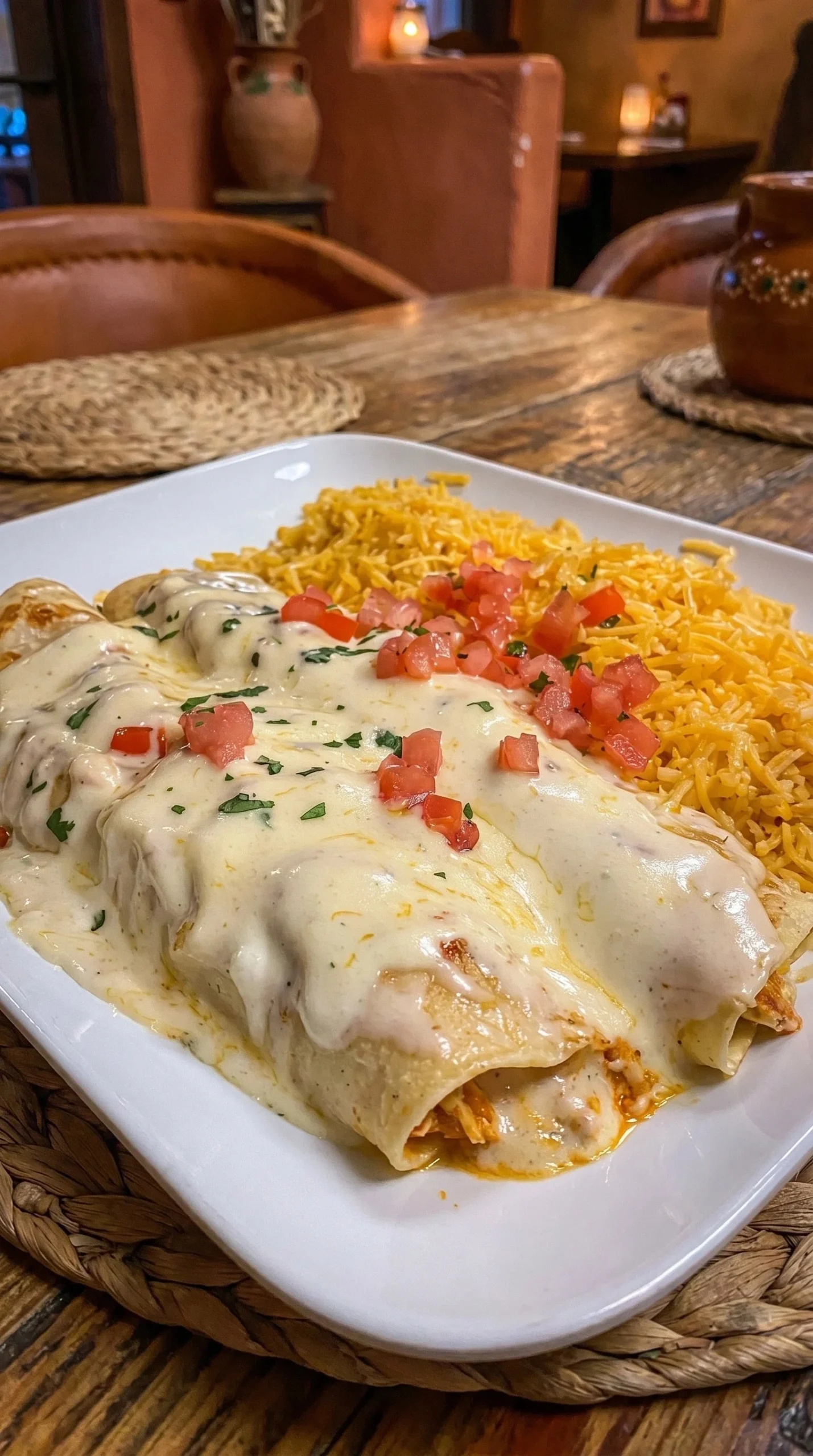 Cheese Chicken Enchiladas topped with cheese and cilantro on a plate.
