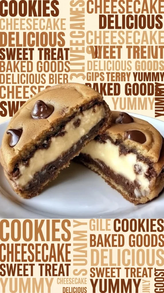 Cheesecake-stuffed chocolate chip cookies on a plate.