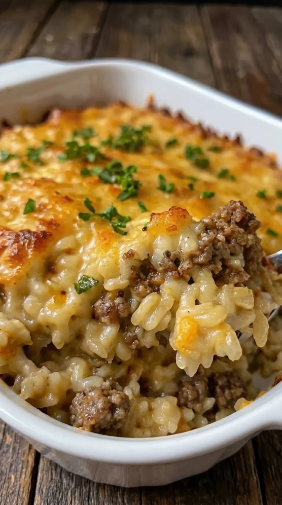 Cheesy Ground Beef Rice Casserole topped with melted cheese and fresh herbs