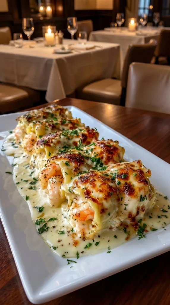 Cheesy Shrimp Alfredo Roll-Ups served on a plate with garnish