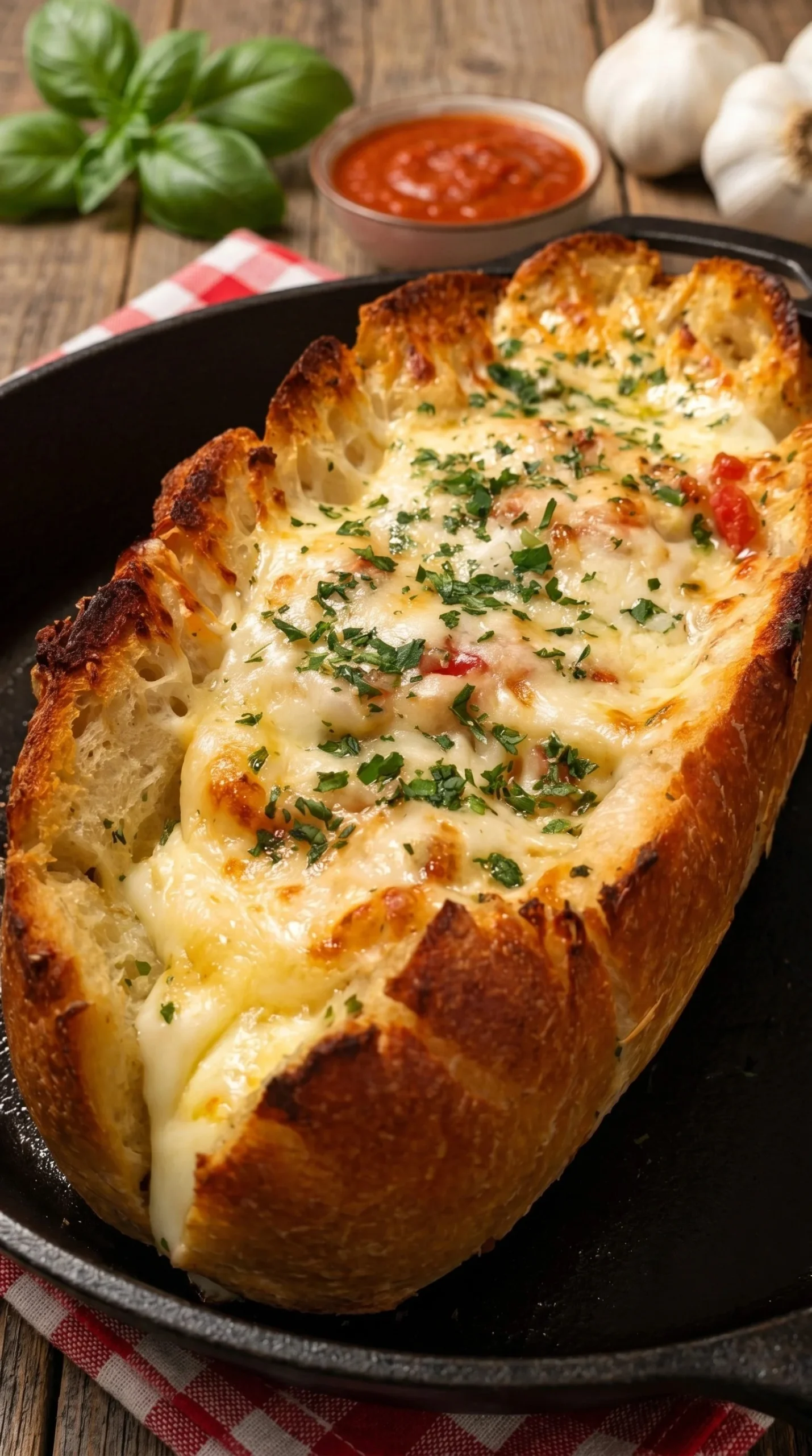 Cheesy stuffed Italian bread boat filled with gooey cheese and herbs