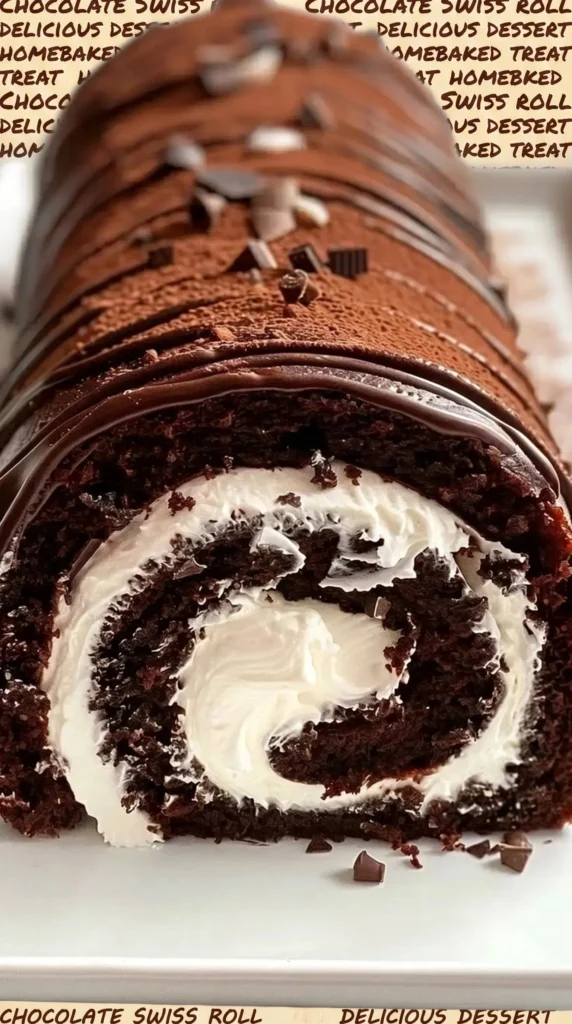Delicious chocolate cake roll with creamy filling and chocolate frosting