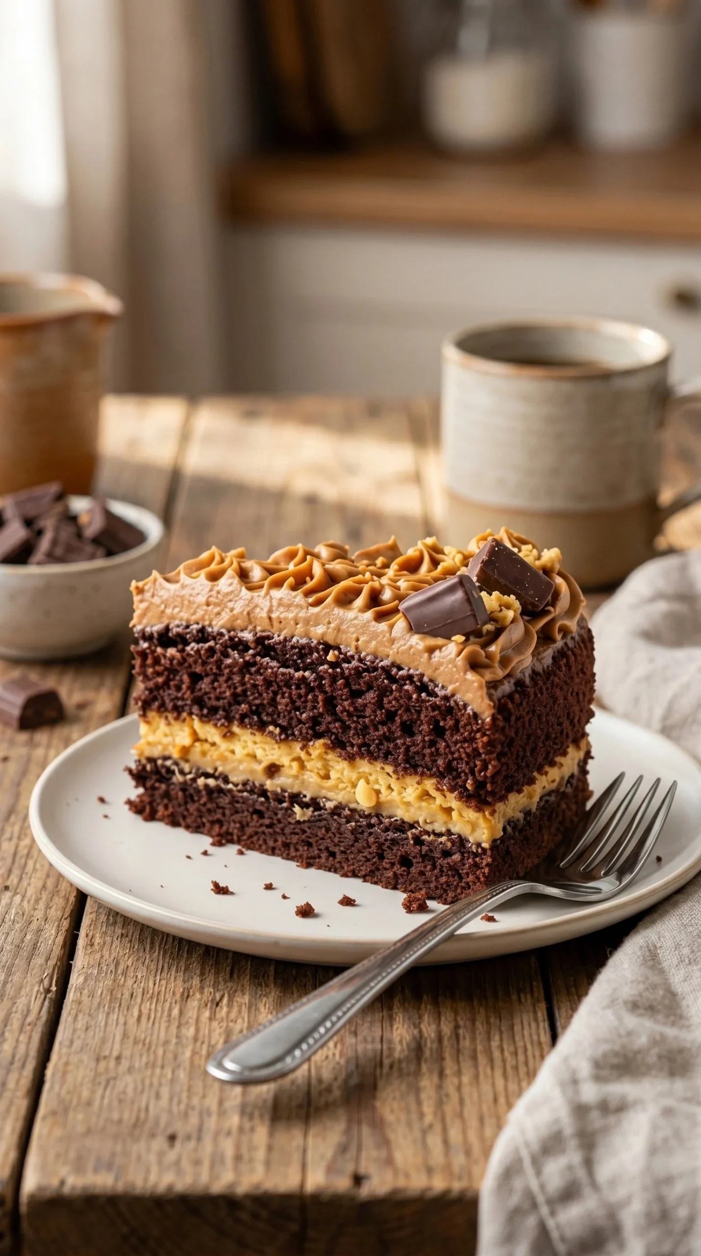 Delicious chocolate cake with caramel filling garnished on a plate