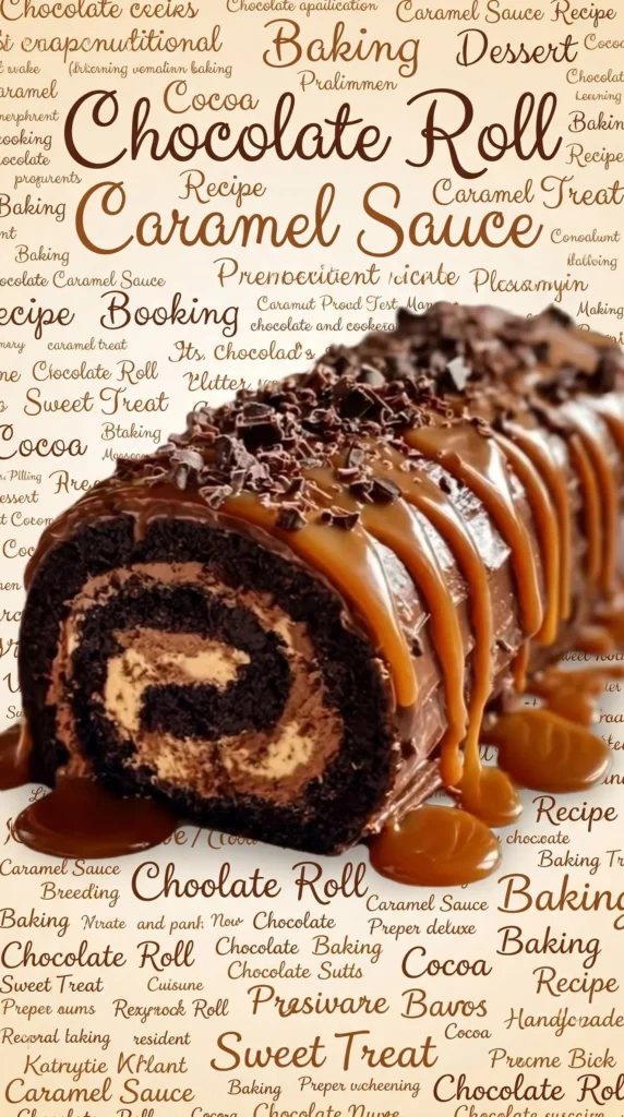 Delicious chocolate caramel cream roll dessert with rich layers