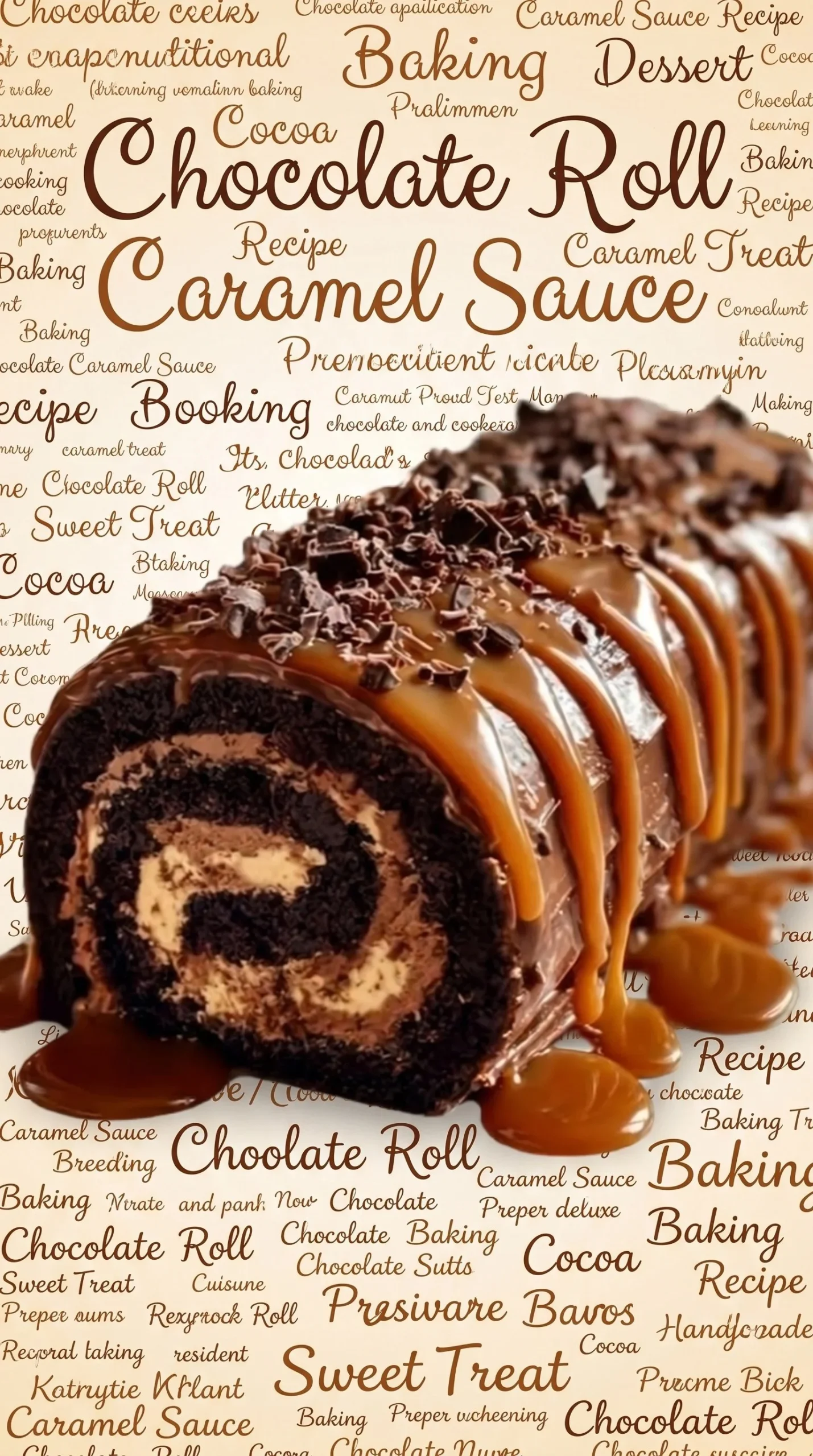 Delicious chocolate caramel cream roll dessert with rich layers