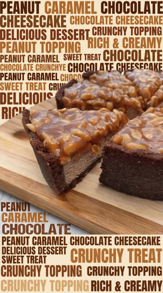 Chocolate Peanut Caramel Cheesecake Tart topped with caramel and peanuts