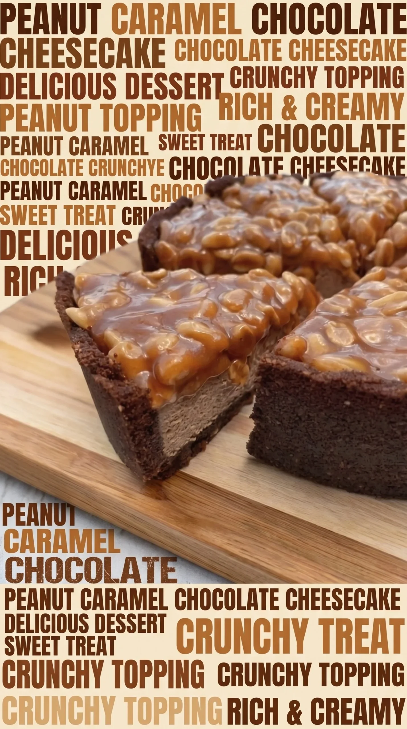 Chocolate Peanut Caramel Cheesecake Tart topped with caramel and peanuts