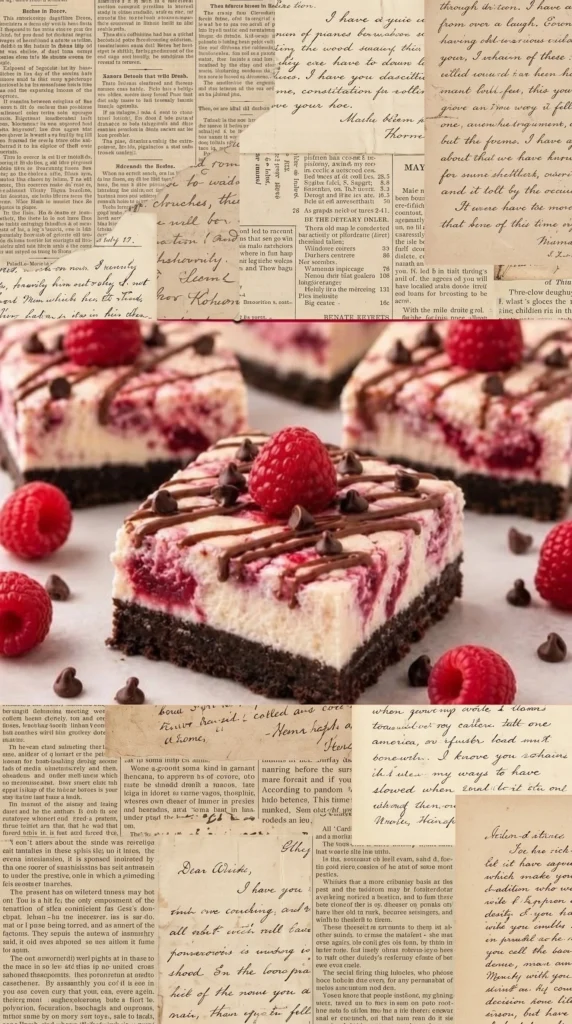 Chocolate Raspberry Cheesecake Bars topped with fresh raspberries and chocolate drizzle.