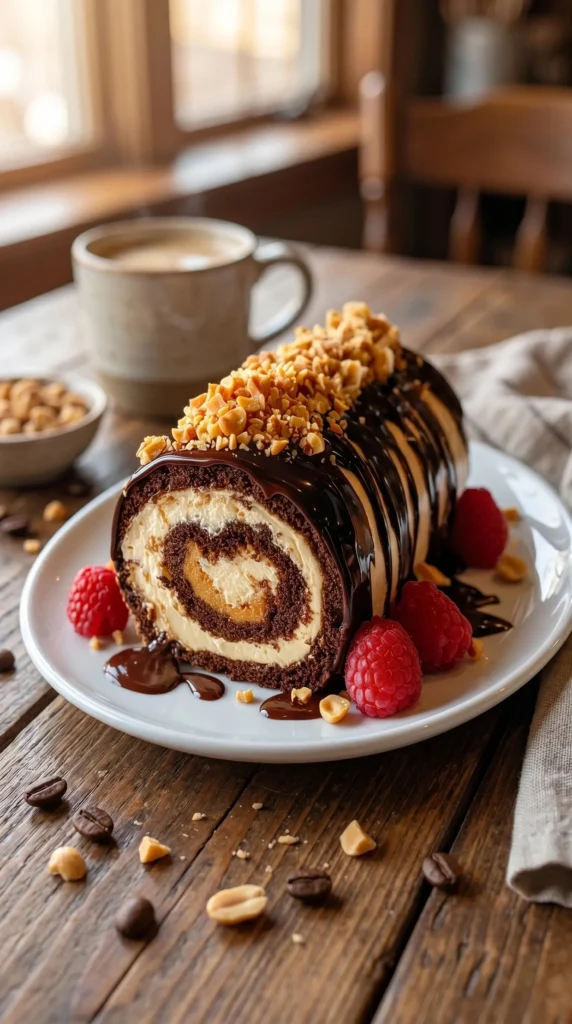 Delicious chocolate roll cake filled with peanut butter cream, beautifully swirled.