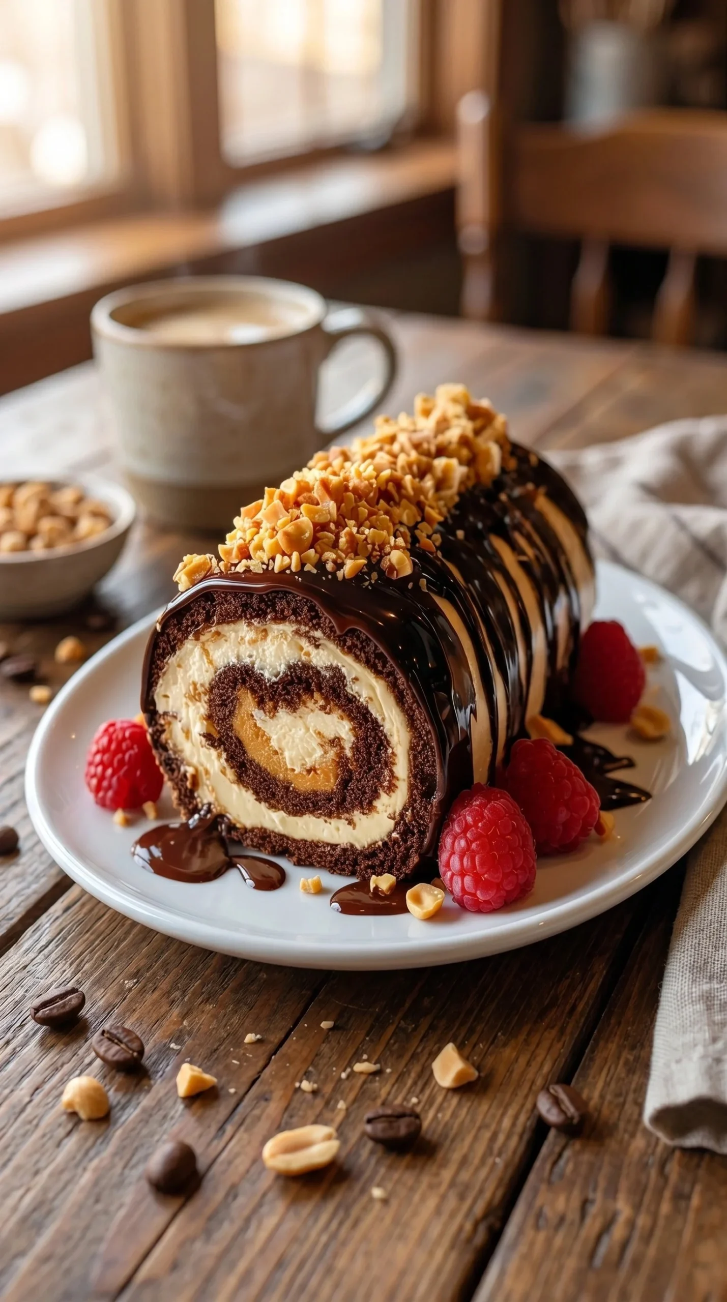 Delicious chocolate roll cake filled with peanut butter cream, beautifully swirled.