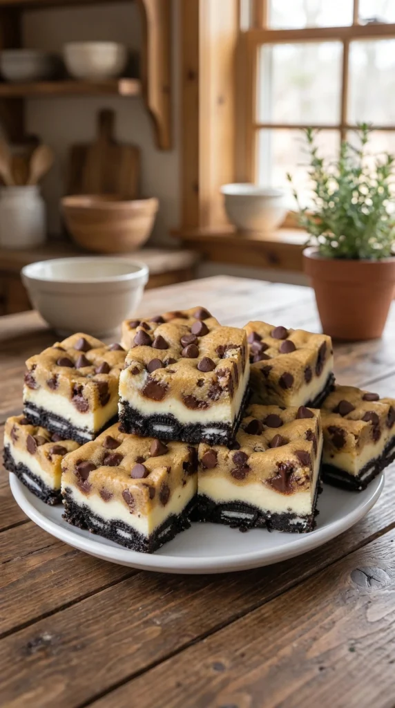 Chocolate Sandwich Cookie Cheesecake Bars on a plate with chocolate drizzle