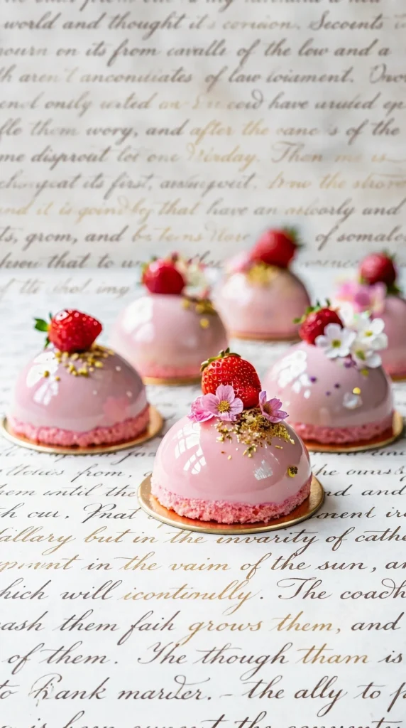 Delicious Chocolate Strawberry Mousse Domes on a dessert platter