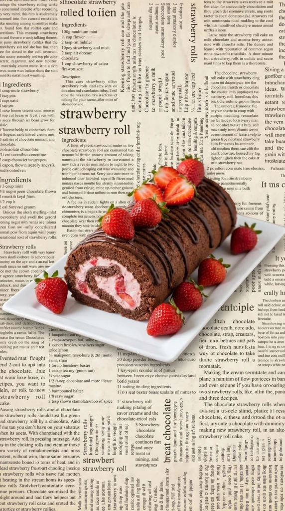 Chocolate Strawberry Swiss Roll dessert on a plate with strawberries