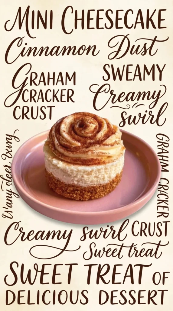 Delicious cinnamon roll mini cheesecakes topped with cream and cinnamon