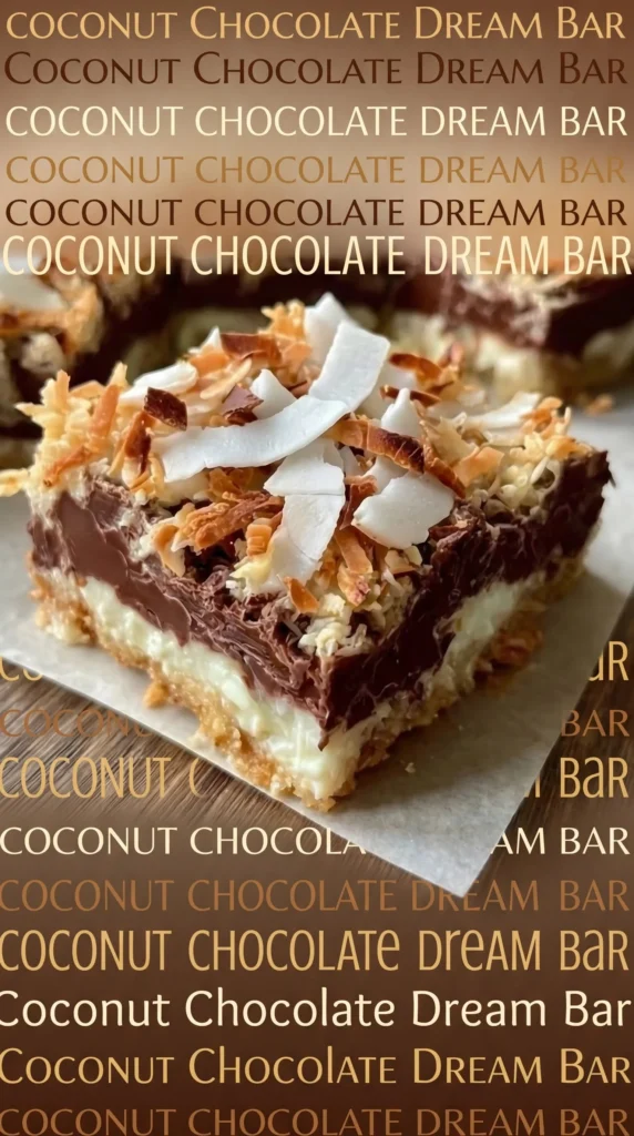 Delicious Coconut Chocolate Dream Bars topped with chocolate and coconut flakes.