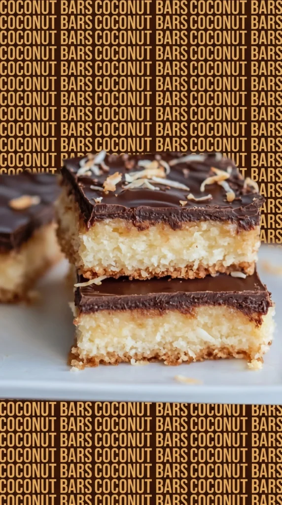 Delicious Coconut Cookie Bars resembling Twix bars with coconut and chocolate layers