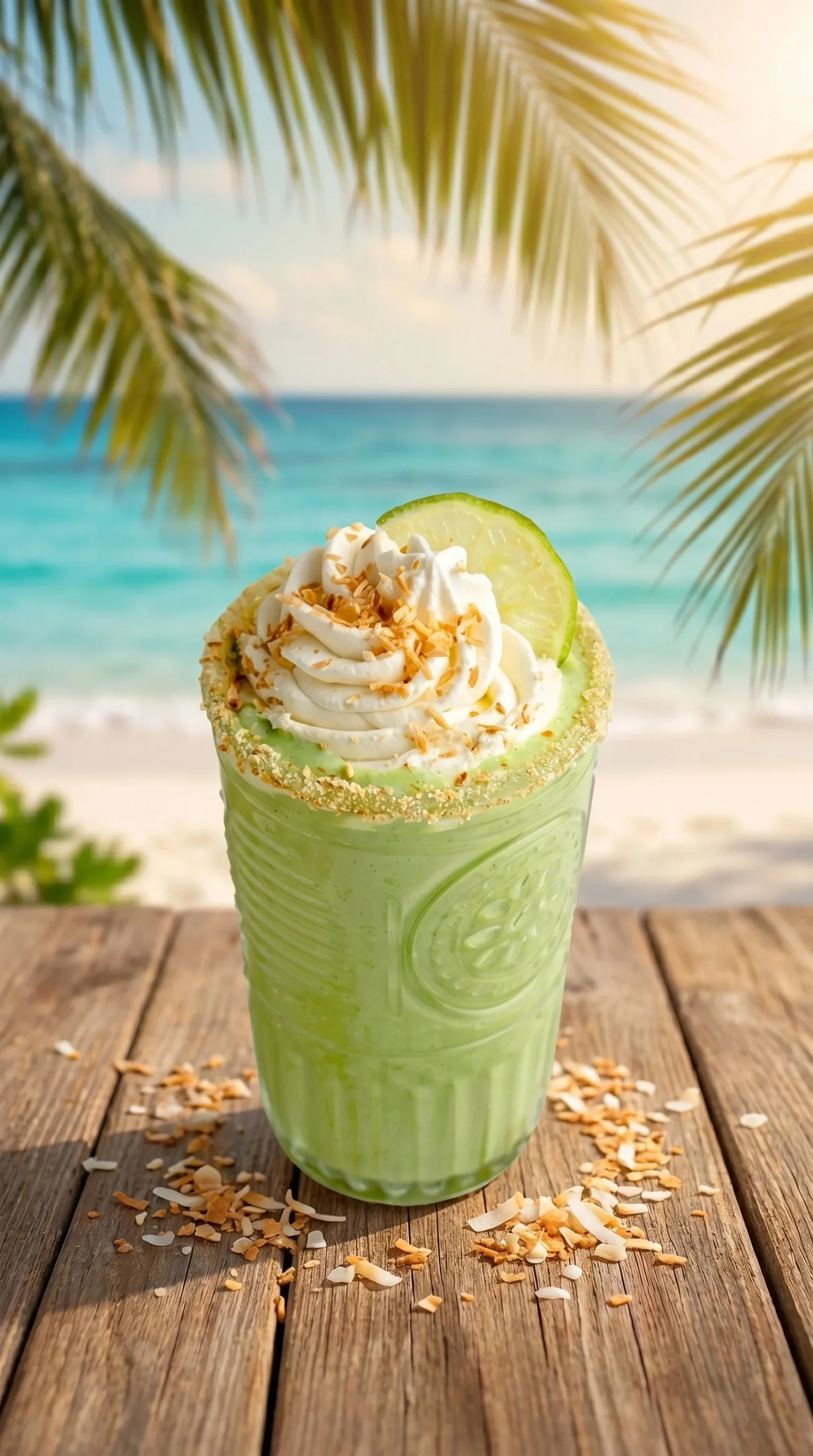 Coconut Key Lime Pie Smoothie topped with lime slices and coconut flakes