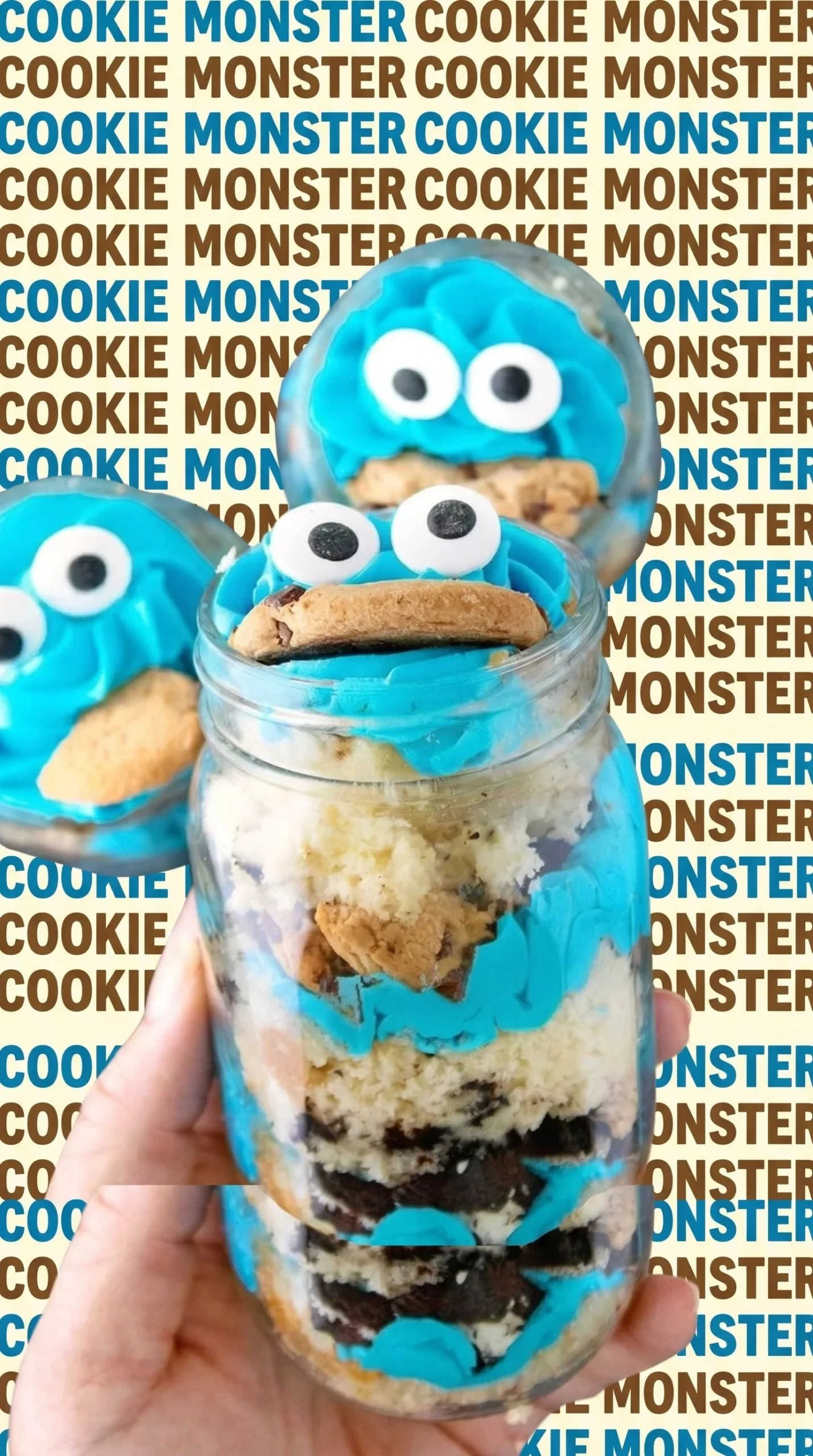 Delicious Cookie Monster Cake Jars with vibrant blue frosting and cookie crumbles