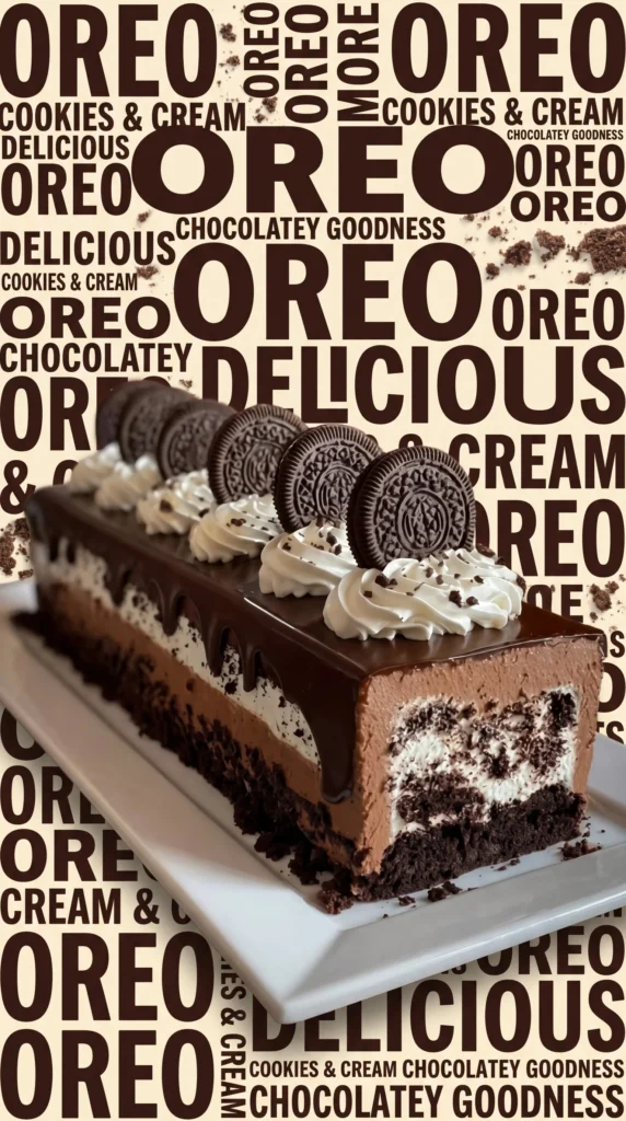 Delicious Cookies and Cream Mousse Cake topped with chocolate cookies