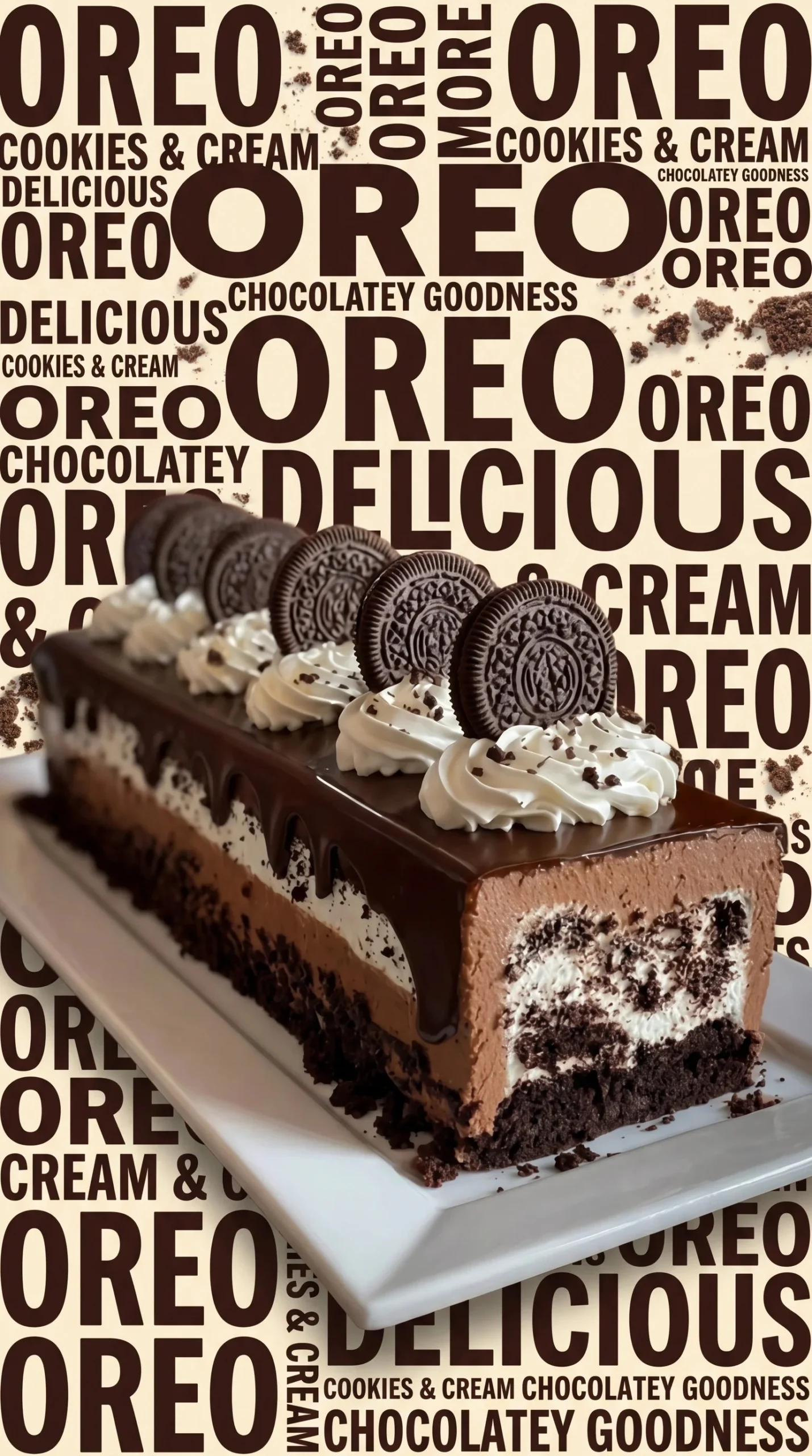 Delicious Cookies and Cream Mousse Cake topped with chocolate cookies