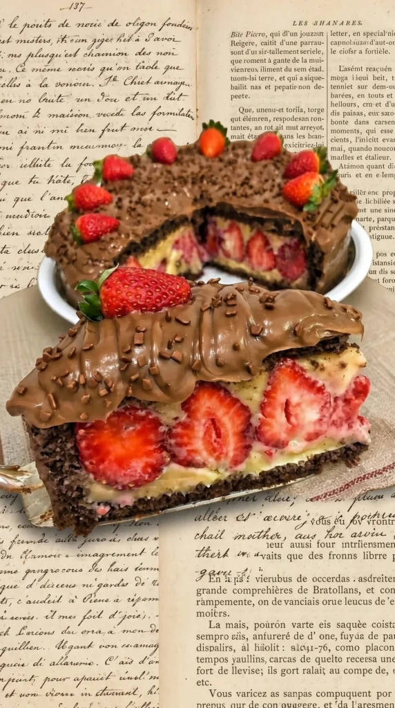 Creamy chocolate and strawberry cake topped with fresh strawberries