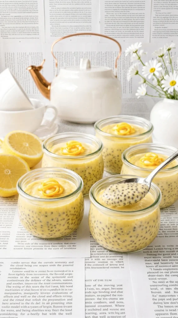 Creamy lemon chia seed pudding in a glass topped with lemon zest.
