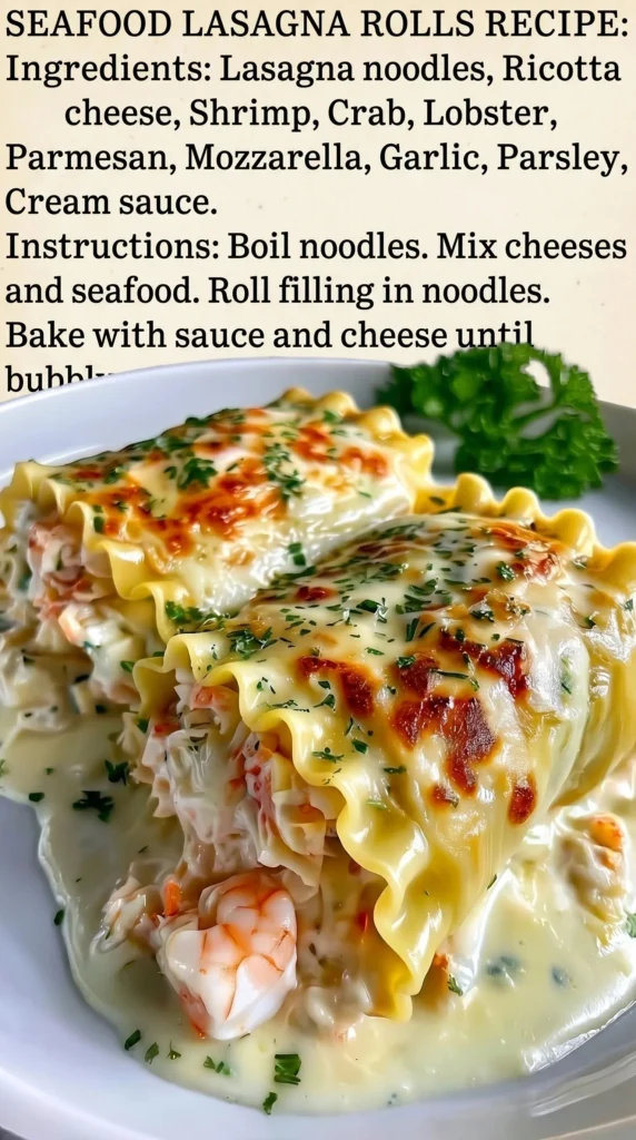 Creamy seafood lasagna rolls with shrimp, crab, and cheese