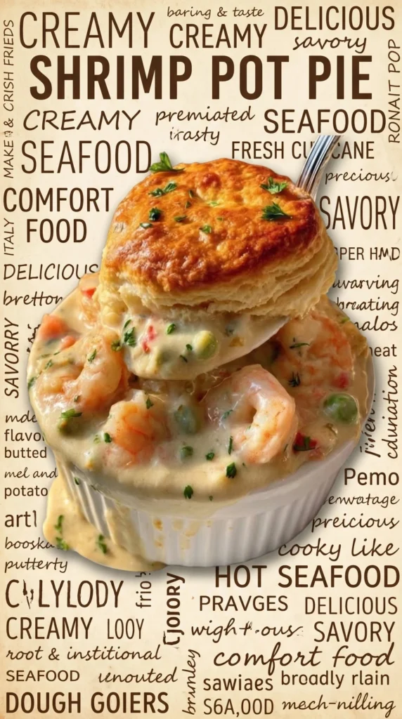 Creamy shrimp pot pie topped with fluffy biscuits for a comforting meal