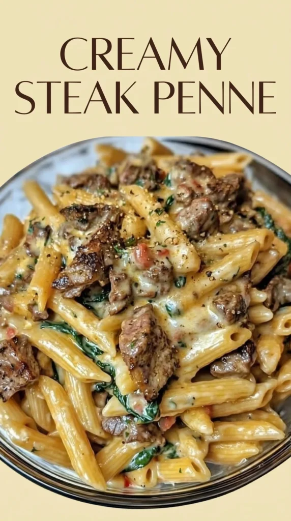 Creamy steak parmesan dish served with spinach penne pasta