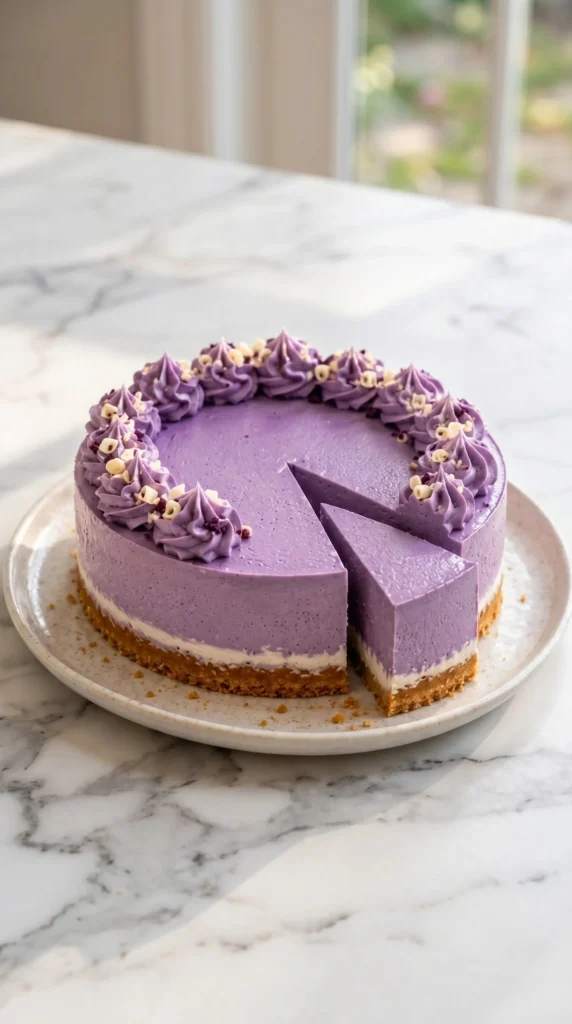 Slice of creamy ube cheesecake topped with purple ube sauce and fruit garnishes.