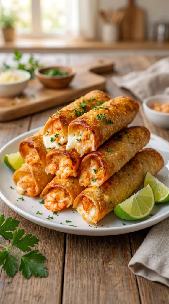 Crispy cheesy shrimp chimichangas served with fresh toppings