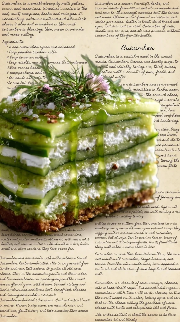 Cucumber Ribbon Cake topped with whipped cream cheese and drizzled with dill oil