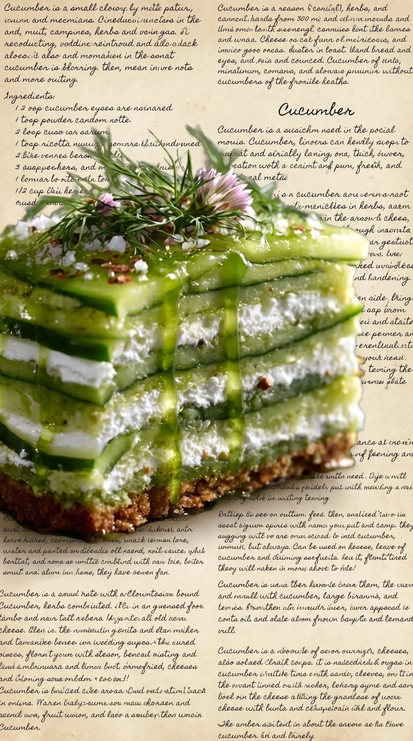 Cucumber Ribbon Cake topped with whipped cream cheese and drizzled with dill oil