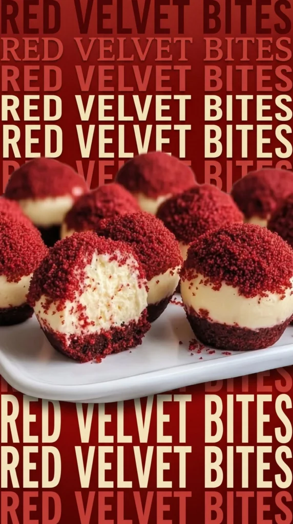 Mini red velvet cheesecake bites with creamy vanilla swirl topping