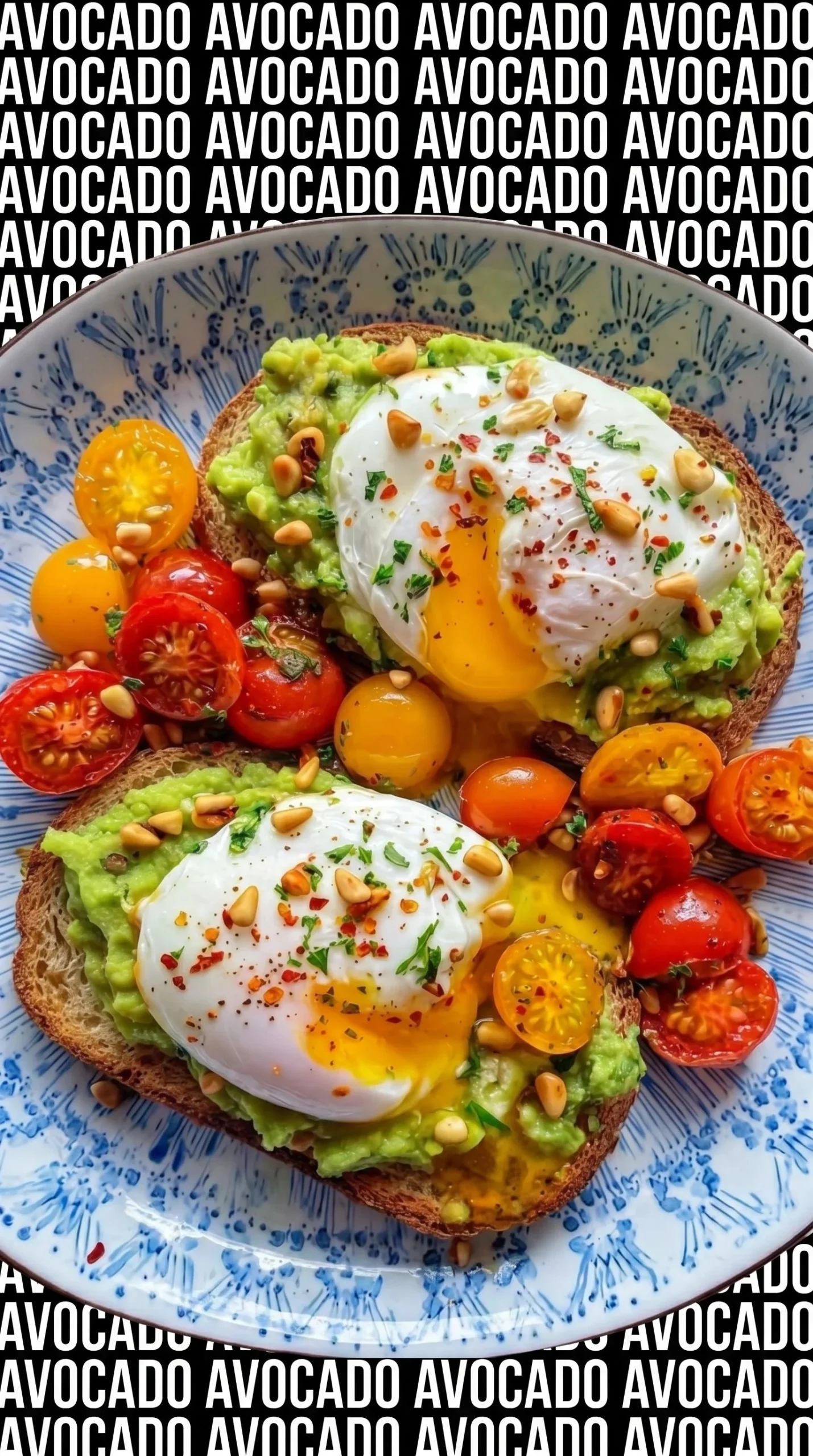 Double poached avocado toast deluxe topped with herbs and spices