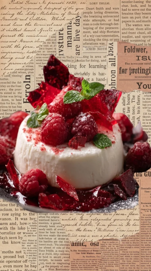 Elderflower Yogurt Panna Cotta topped with raspberry glaze on a white plate.