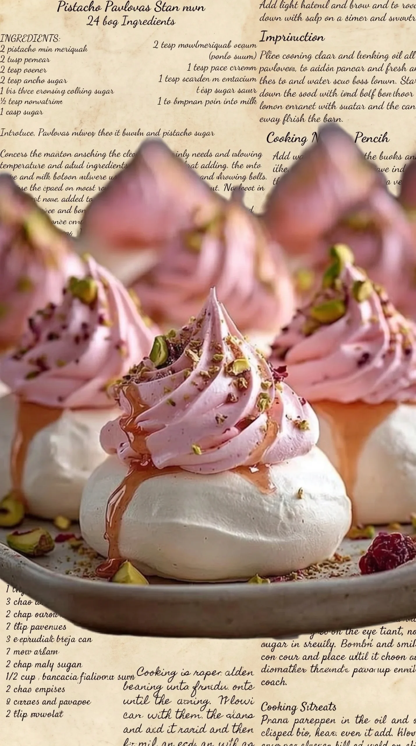 Elegant rose gold pavlova domes with raspberry rose cream and pistachio crunch.