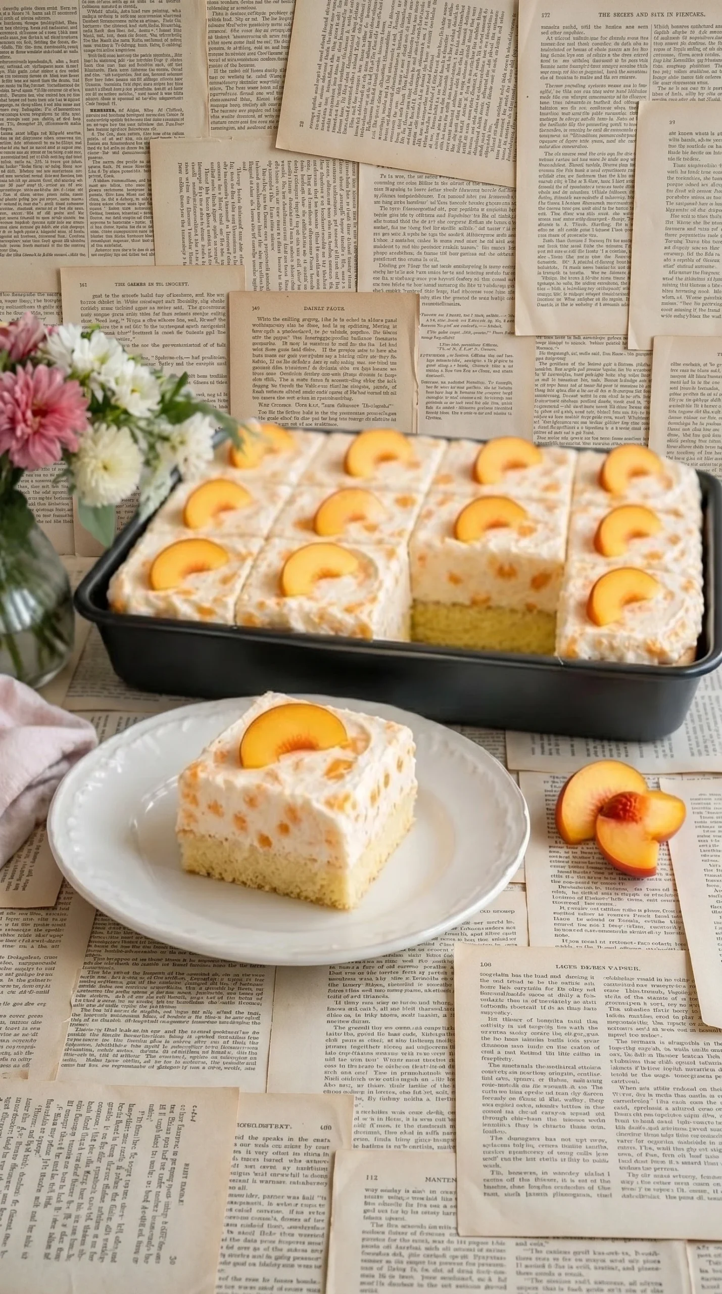 Delicious Fanta Sheet Cake topped with creamy peach frosting