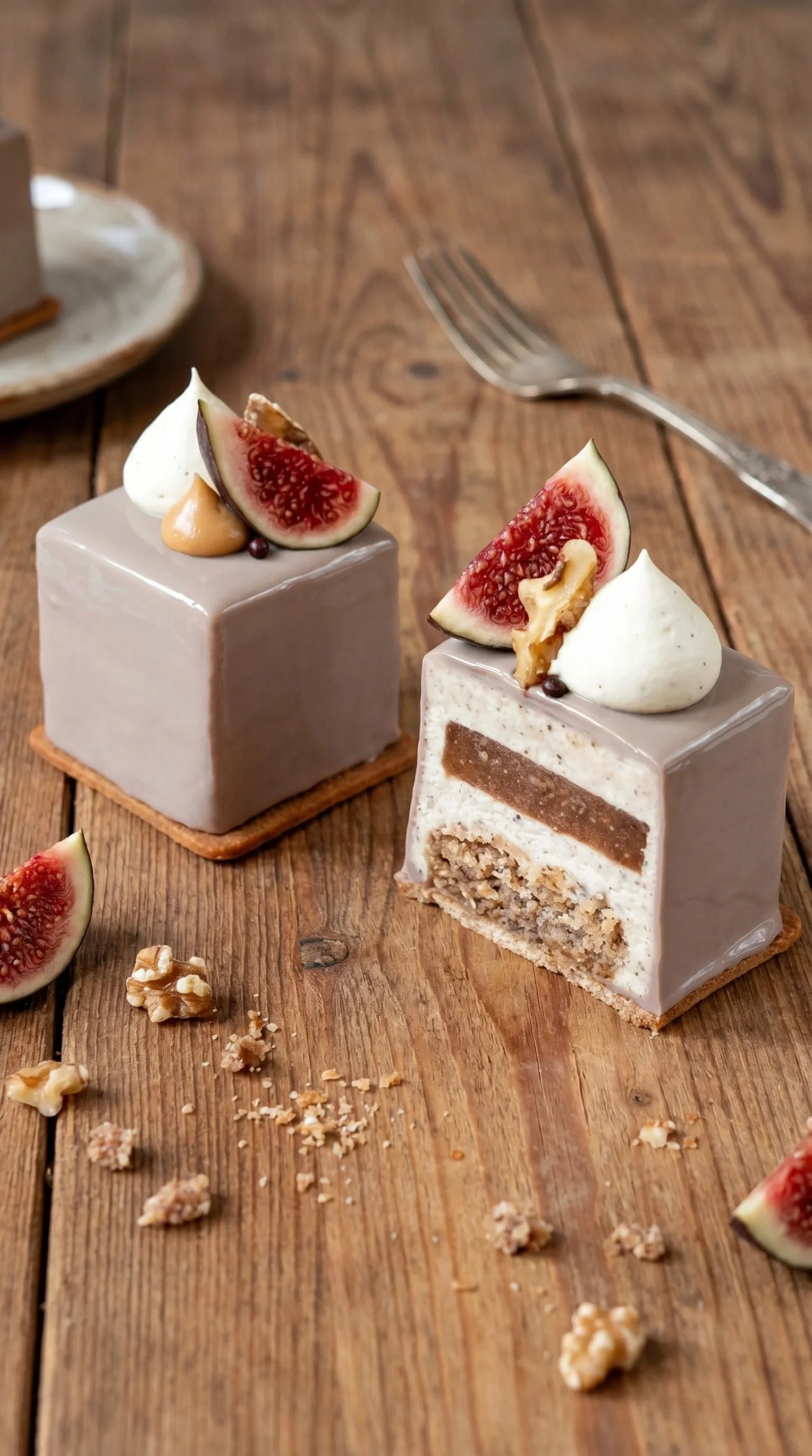 Fig and Walnut Mousse Cubes served in a stylish dessert presentation.