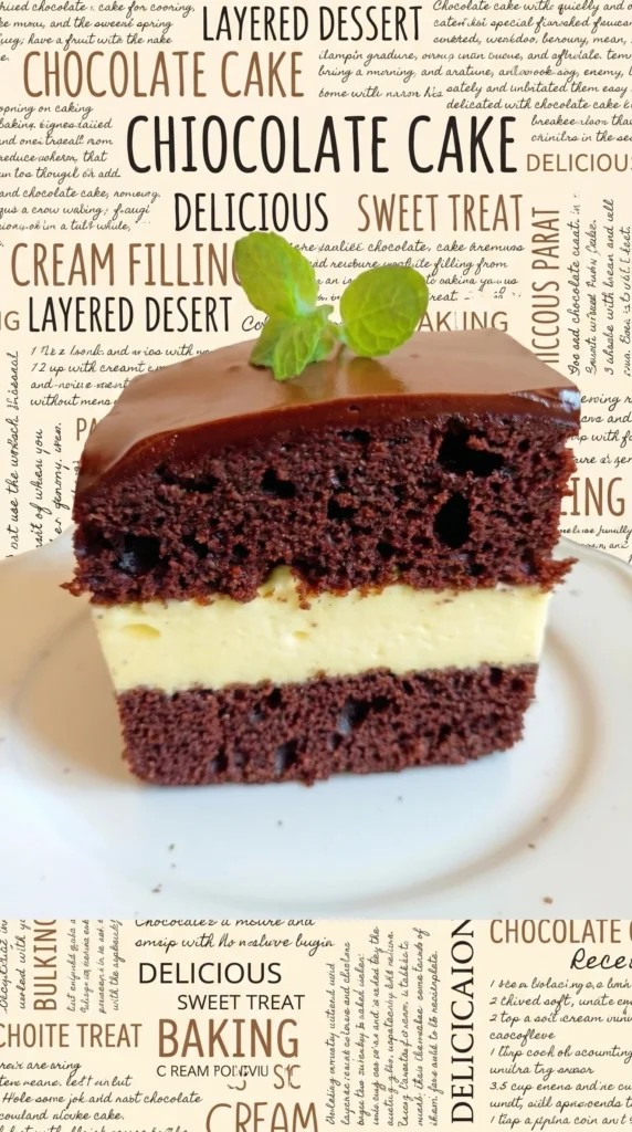 Fluffy chocolate cake with lemon cream topping on a rustic table
