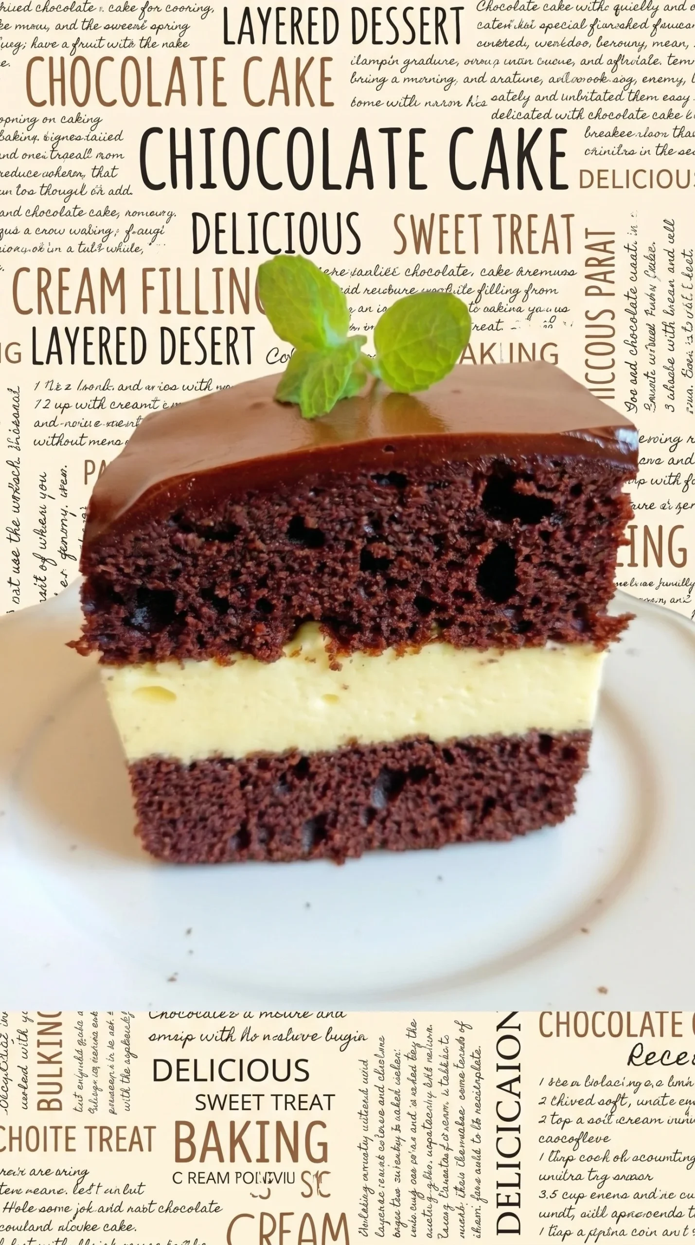 Fluffy chocolate cake with lemon cream topping on a rustic table