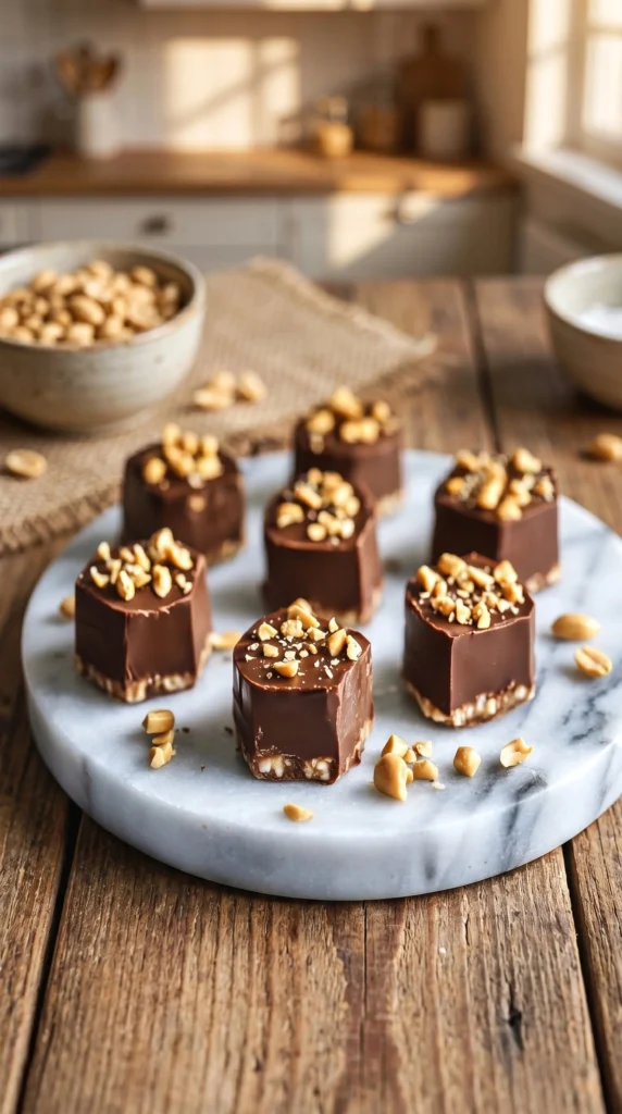 Frozen Peanut Butter Greek Yogurt Chocolate Fudge Bites on a plate