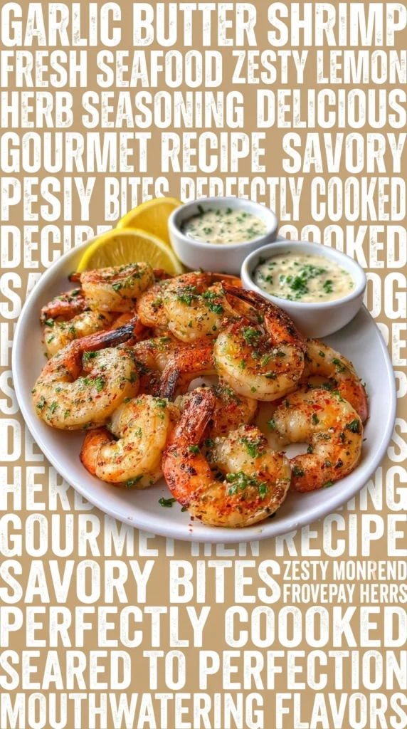 Plate of garlic butter grilled shrimp with garnishes