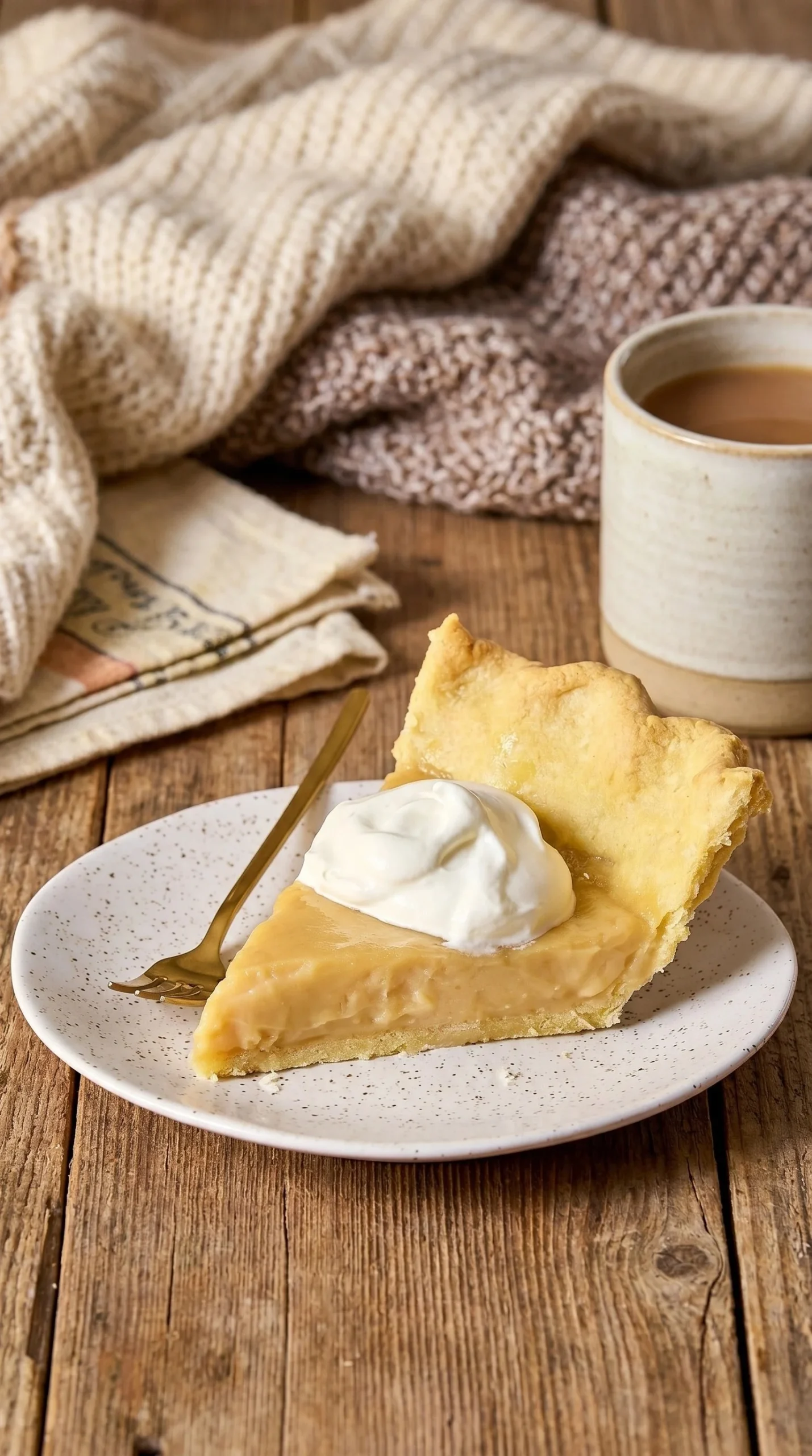 Slice of Grandma's Butterscotch Pie with whipped cream on a plate