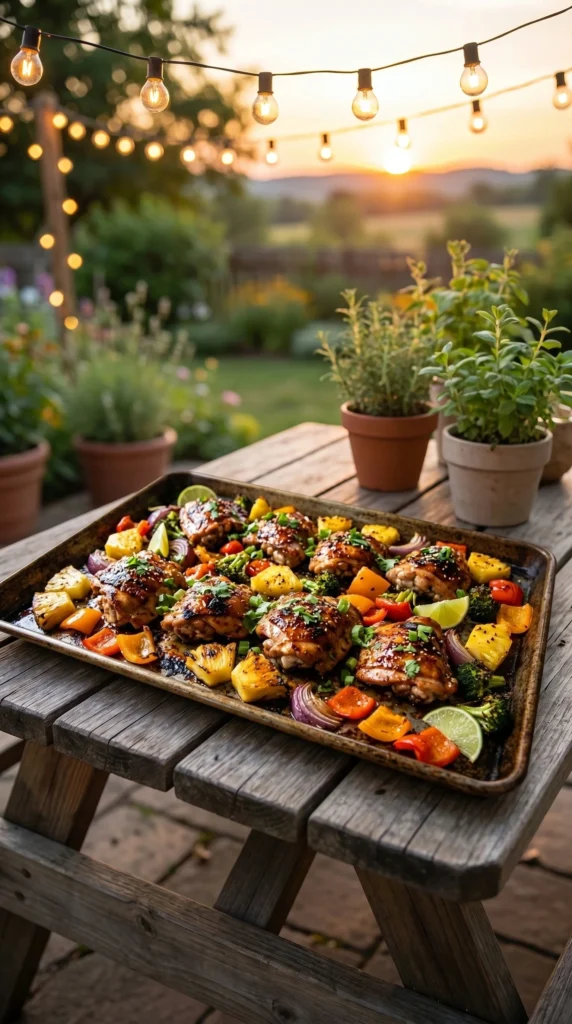 Delicious Hawaiian Chicken cooked on a sheet pan with colorful tropical vegetables.
