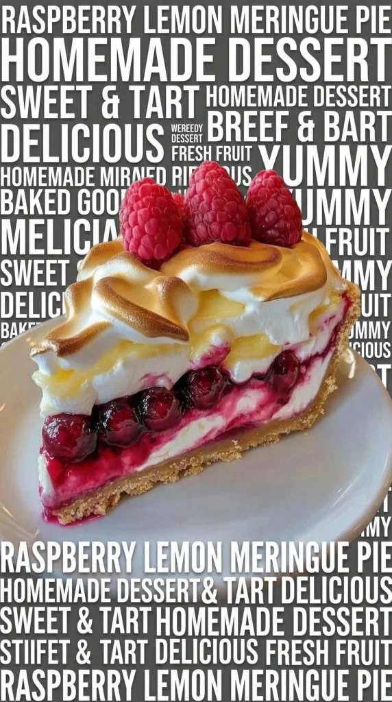 Delicious lemon raspberry meringue cheesecake topped with fresh raspberries.