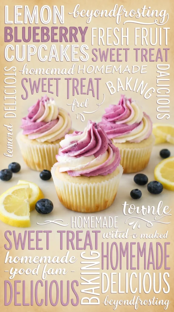 Delicious lemon blueberry cupcakes topped with frosting and fresh blueberries