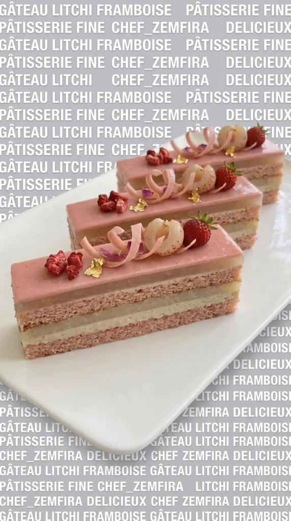 Delicious Lychee Strawberry Entremet dessert with fresh fruits and creamy layers.